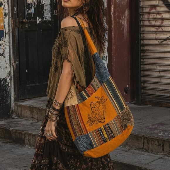 karma nepal craft Handbags - Karma Nepal Craft Shoulder Bag Tote Cotton Mushroom Patchwork Gheri Woven Hippie